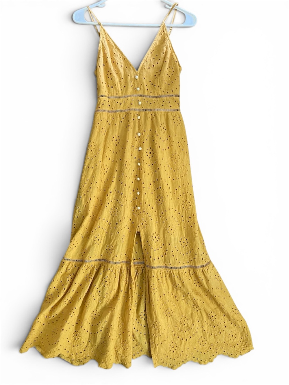 Simplee Yellow Eyelet Cotton Maxi Dress Small Boho Cottagecore